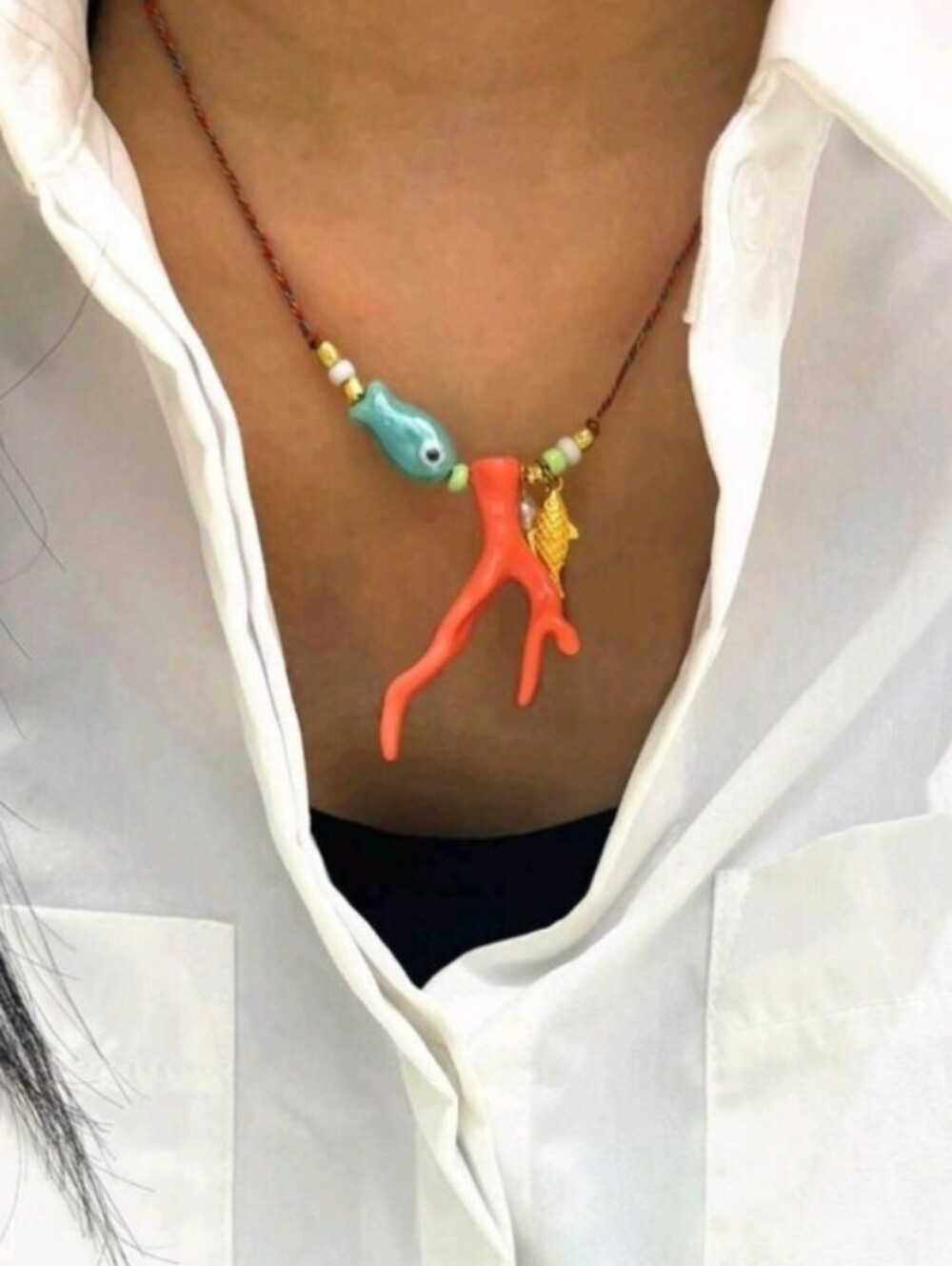 NEW! Bohemian Pink Coral Branch Pendant Necklace with Gold Accent
